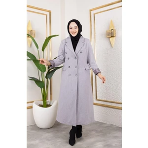 Kadın Astarlı Düğmeli Cepli Uzun Gri  Kaşe kaban