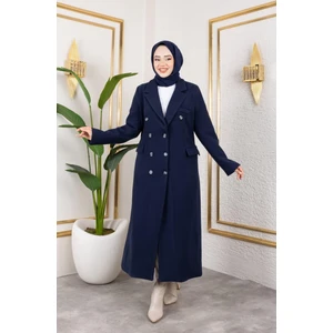 Harma Time Butik Kadın Astarlı Düğmeli Cepli Uzun Lacivert Kaşe kaban