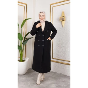 Harma Time Butik Kadın Astarlı Düğmeli Cepli Uzun Siyah Kaşe kaban