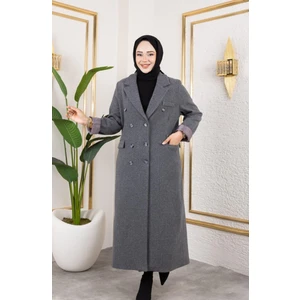 Harma Time Butik Kadın Astarlı Düğmeli Cepli Uzun Antrasit Kaşe kaban