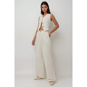 Kadın Keten Görünümlü Palazzo Pantolon Natural