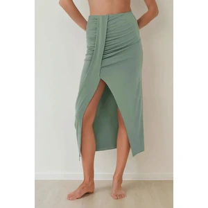 Kadın Drapeli Yüksek Bel Bodycon Sandy Maxi Etek Haki Yeşil