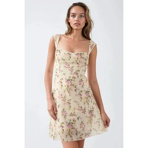 Kadın Kalp Yaka Puantiyeli Mini Tül Elbise Pink