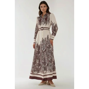Kadın Baskılı Uzun Kol Kemerli Modest Elbise Natural