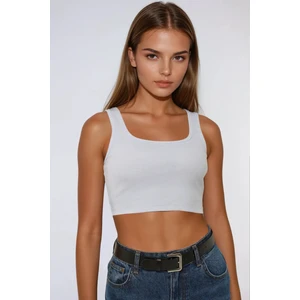 Kadın Basic Bisiklet Yaka Crop Üst Beyaz