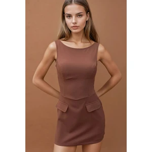 Kadın İçi Şortlu Cep Kapaklı Dar Mini Elbise Mocha Kahvesi