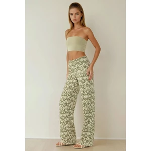 Kadın Yüksek Bel Geniş Paça Desenli Pantolon Green