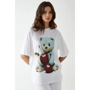 Kadın Oversize Yuvarlak Yaka Baskılı Tişört Beyaz