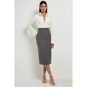 Kadın Yüksek Bel Midi Etek Açık Gri