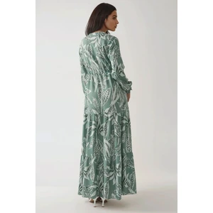 Kadın Baskılı Uzun Kol Viskon Modest Elbise Adaçayı Yeşili