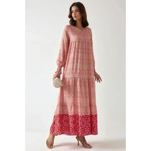 Kadın Baskılı Viskon Modest Elbise Pembe