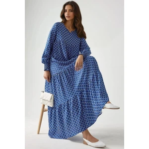 Kadın Desenli Yuvarlak Yaka Viskon Modest Elbise Blue