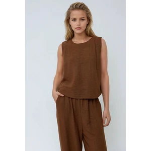 Kadın Keten Görünümlü Bluz & Beli Lastikli Pantolon İkili Takım Deve Kahvesi