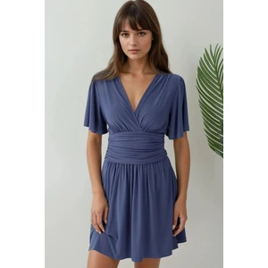 Kadın V Yaka Kısa Kol Büzgülü Mini Elbise Oxford Mavisi