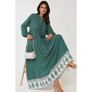 Kadın Desenli V Yaka Modest Elbise Green