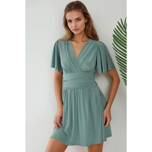 Kadın V Yaka Kısa Kol Büzgülü Mini Elbise Adaçayı Yeşili