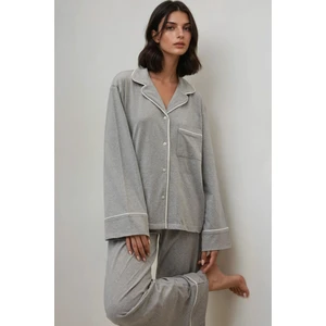 Kadın Yumuşak Pamuklu Örme Pijama Takımı Açık Gri