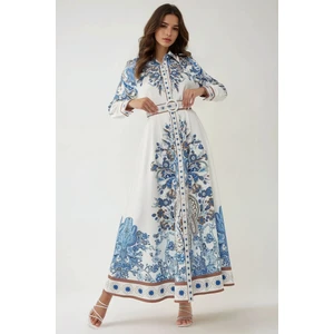 Kadın Baskılı Uzun Kol Kemerli Modest Elbise Blue
