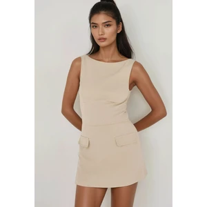 Kadın İçi Şortlu Cep Kapaklı Dar Mini Elbise Natural