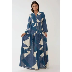 Kadın Baskılı Uzun Kol Viskon Modest Elbise Lacivert