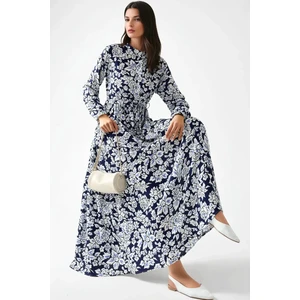 Kadın Gömlek Yaka Desenli Viskon Modest Elbise Blue