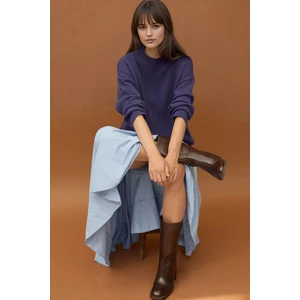 Kadın Kalın Bisiklet Yaka Uzun Kalçayı Kapatan Kazak Peygamber Çiçeği Mavisi