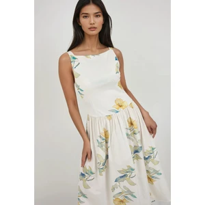 Kadın Kayık Yaka Baskılı Midi Elbise Beyaz