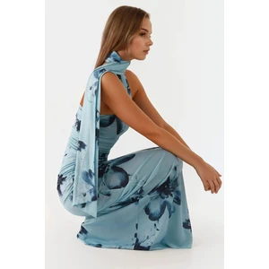 Kadın Straplez Desenli Bodycon Maxi Tül Elbise Blue