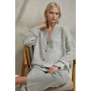 Kadın Kalın V-Yaka Örgü Hırka Gri