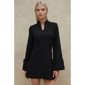 Kadın Şık V Yaka Uzun Kollu Mini Elbise Siyah