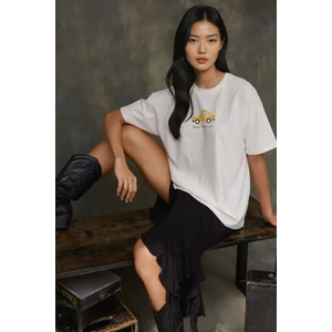 Kadın Kadın %100 Pamuk Bisiklet Yaka Oversize Beyaz Baskılı T-Shirt Limon Sarısı