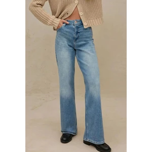 Kadın Geniş Paça Esnek Kot Pantolon Orta Mavi Denim