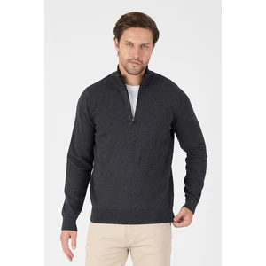 Antrasit %100 Pamuk Erkek Yarım Fermuarlı Dik Yaka Triko Kazak