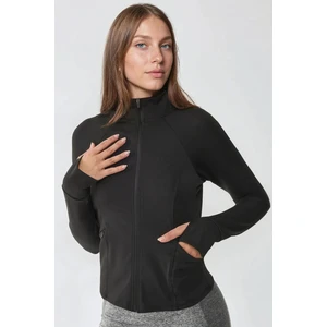 Kadın Dar Kesim Örme Dik Yaka Fermuarlı Aktif Üst Siyah
