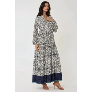 Kadın Gömlek Yaka Desenli Modest Elbise Lacivert