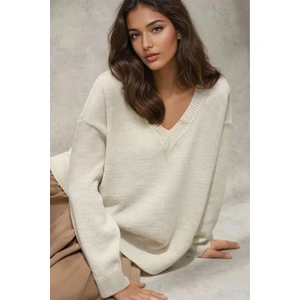 Kadın Kalın Örme V-Yaka Kazak Taş Doğal