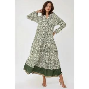 Kadın Gömlek Yaka Desenli Modest Elbise Yeşil