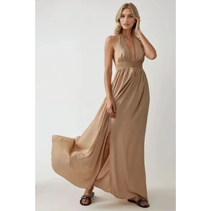 Kadın V Yaka A Form Gipeli Maxi Elbise Fildişi Doğal