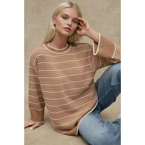 Kadın Çizgili Bisiklet Yaka Kazak Bej Doğal