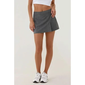 Kadın Yüksek Bel Mini Dokuma Şort Etek Grey