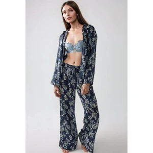Kadın Baskılı Saten Pijama Takımı Lacivert