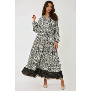 Kadın Gömlek Yaka Desenli Modest Elbise Siyah