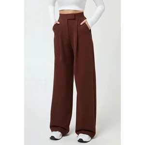 Kadın Yüksek Bel Likralı Cırt Kapamalı Krep Palazzo Pantolon Kahverengi