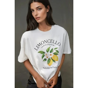 Kadın Kadın %100 Pamuk Bisiklet Yaka Oversize Beyaz Baskılı T-Shirt Kehribar Sarısı