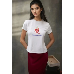 Kadın Kadın Bisiklet Yaka Kısa Kollu Önü Baskılı Pamuklu T-Shirt Beyaz