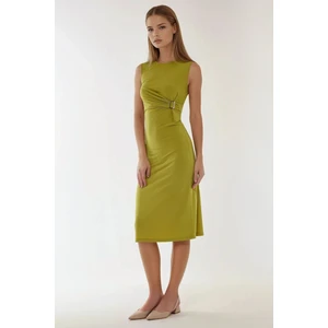 Kadın Vücuda Oturan Bisiklet Yaka Sandy Midi Elbise Zeytin Yeşili