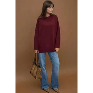 Kadın Kalın Bisiklet Yaka Uzun Kalçayı Kapatan Kazak Bordo Kırmızı