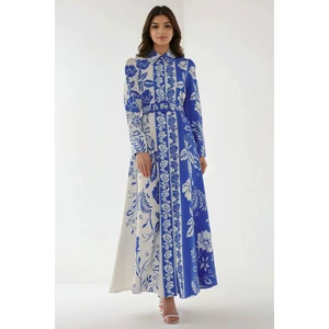 Kadın Baskılı Uzun Kol Kemerli Modest Elbise Blue