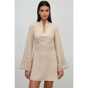 Kadın Şık V Yaka Uzun Kollu Mini Elbise Fildişi Doğal