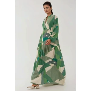 Kadın Baskılı Uzun Kol Viskon Modest Elbise Adaçayı Yeşili